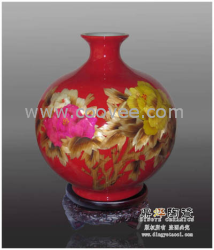 供应麦秆画陶瓷花瓶，瓷花万年红，中国红工艺品，景德镇工艺品批发